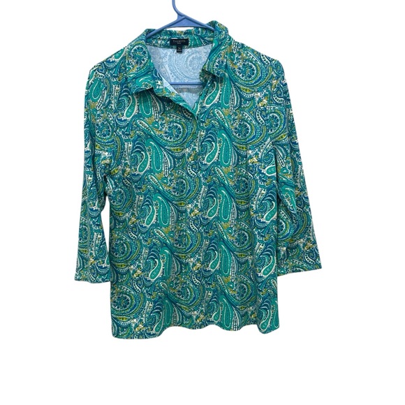 Talbots Petites Patterned Henley Blouse Blue Green Stretch 3/4” Sleeve LP - Picture 1 of 6